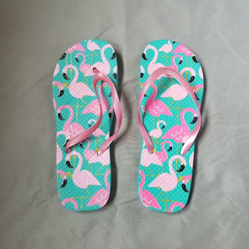 Women's Flip Flops 5/6 Teal Pink Flamingo Turquoise Blue Pattern